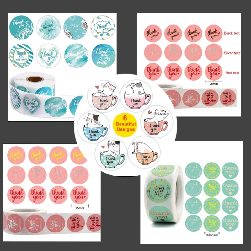 500pcs (1roll), 2.5cm (1inch) Cute Thank You Stiker Pastel Colour Label OL Shop multiple designs in 1 roll