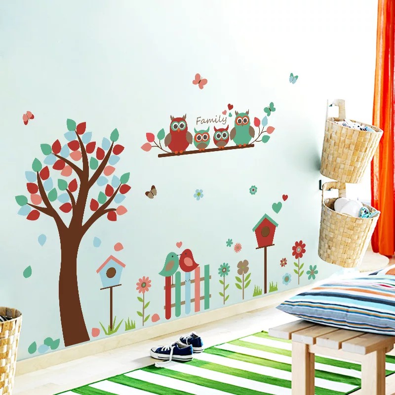 RELIZA WALL STICKER POHON OWL BIRD BURUNG ANAK KIDS STIKER DINDING SK9162