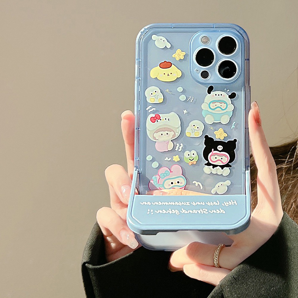 Case Pelindung Transparan Motif Kartun Biru Dengan Holder Untuk Iphone 11 8 7 Plus SE2 XS XR 12 13 PRO MAX