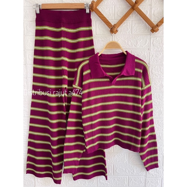 ONESET SETELAN SWEATER RAJUT BAYONETA STRIP KULOT KNITS WANITA