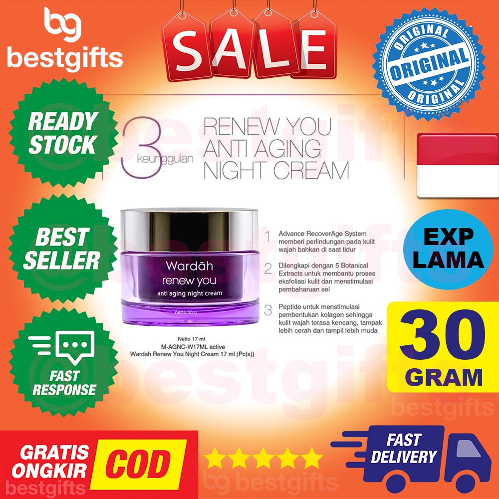 WARDAH RENEW YOU ANTI AGING NIGHT CREAM KRIM MALAM PELEMBAB MUKA WAJAH AWET MUDA KENCANG CERAH 30 GRAM