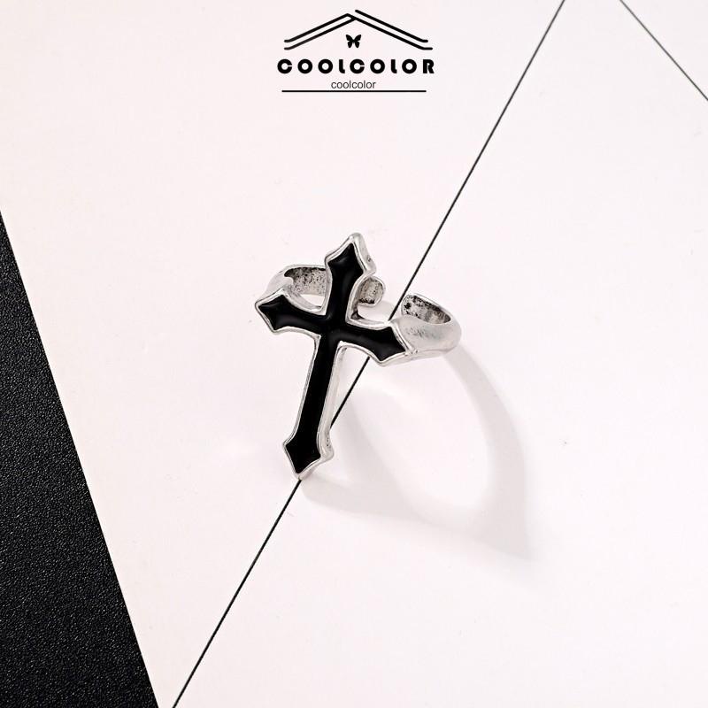 COD Cincin Hitam Cross Retro Fashion Cincin Pria Wanita Minyak Menetes Punk Jari Telunjuk Tren Cincin Hitam