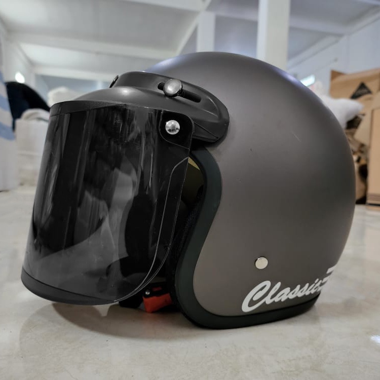 HELM BOGO GARIS CLASIC FULL LEHER PRIA WANITA DEWASA-abu abu dof