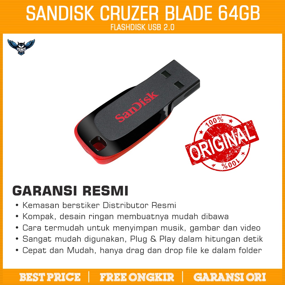 FLASHDISK SANDISK 64GB - Original Resmi Cruzer Blade USB 2.0