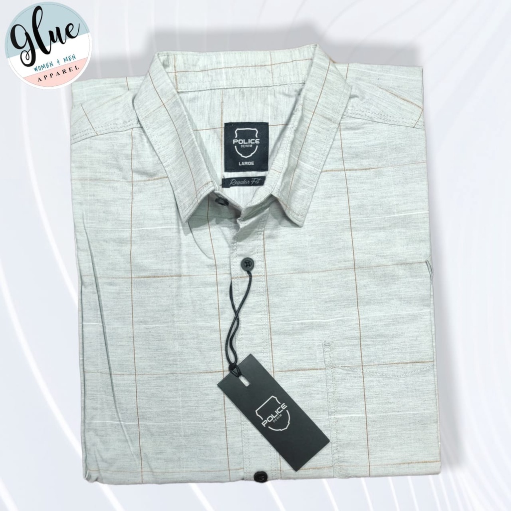 Kemeja Pria Pendek Police Denim Warna Putih Kotak Garis-Garis Original Brand/asli/baru/kemeja RBJ