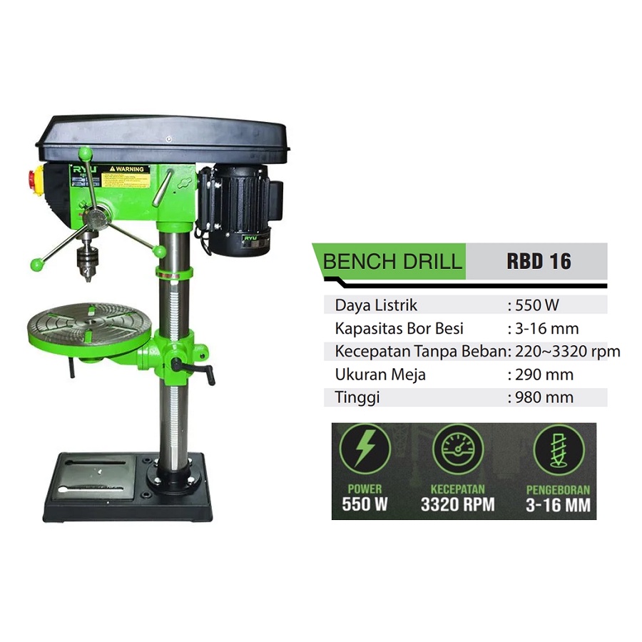 RYU Mesin Bor Duduk 16mm RBD16 Bench Drill 16 mm RBD 16 Bench Drill Press 16mm Bor Duduk RYU 16mm Bench Drill 16mm RBD16 bor duduk electric drill press MURAH ORIGINAL BERGARANSI