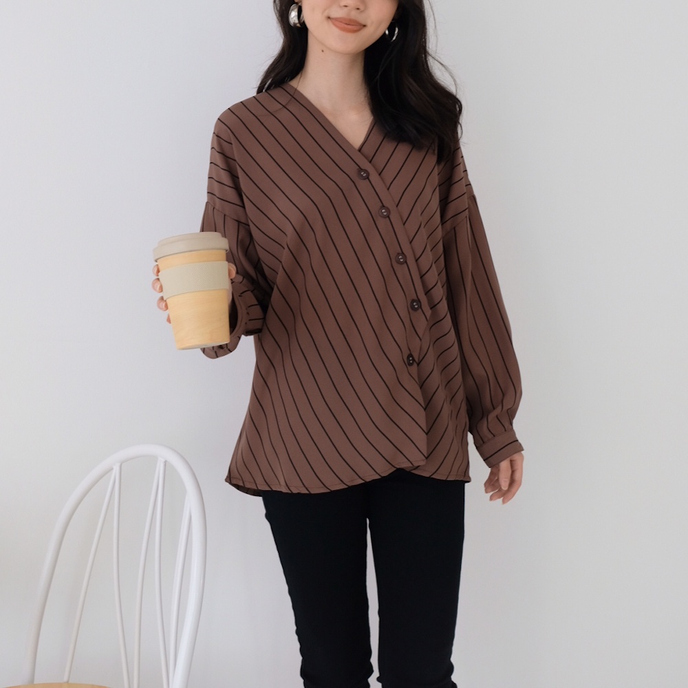 Kadaka T-0390 Blouse Stripes Tangan Panjang Vneck