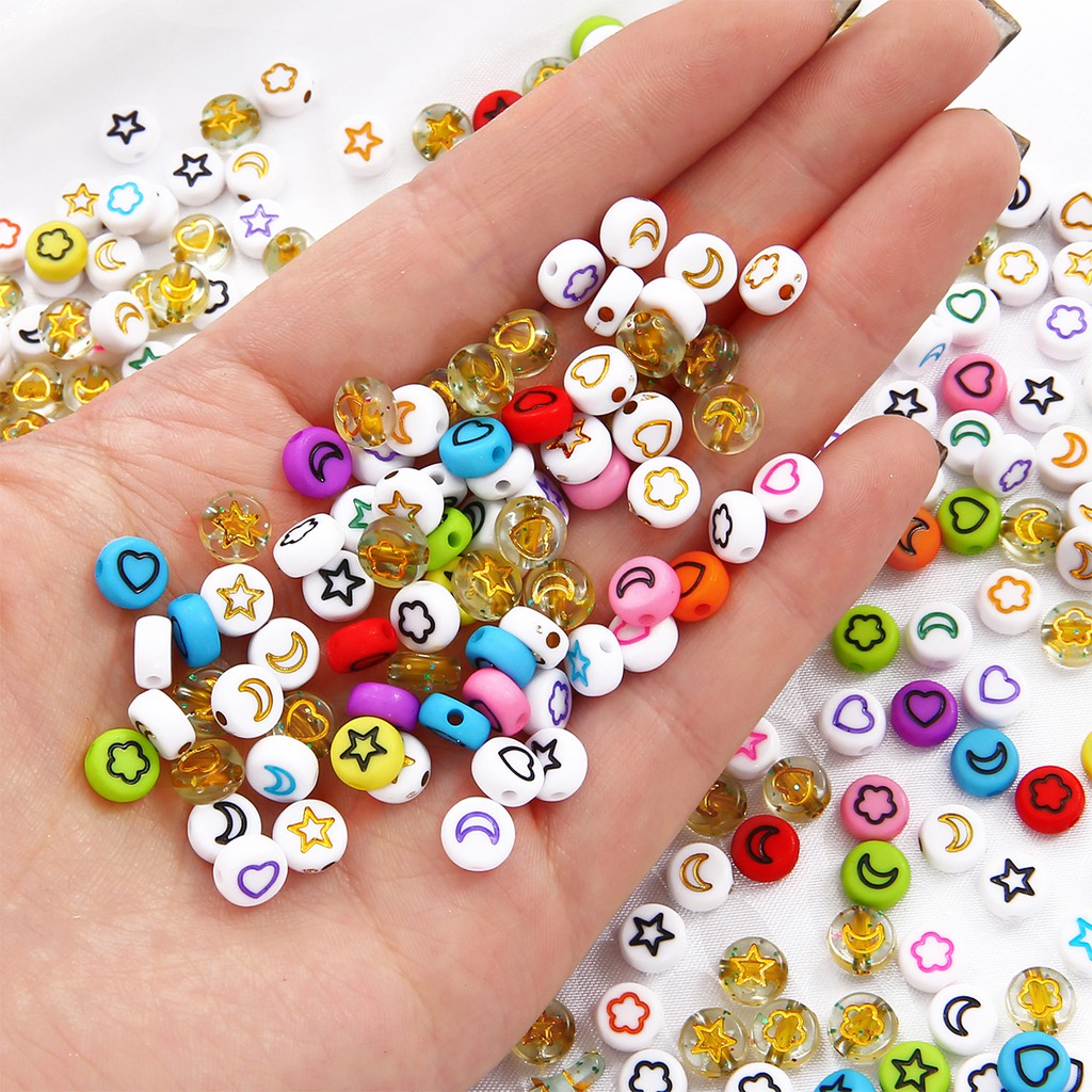 100Pcs 4x7mm Flat Round Mix Flower Star Moon Heart Spacer Acrylic Beads For Diy Jewelry Making Bracelet Earrings Supplies