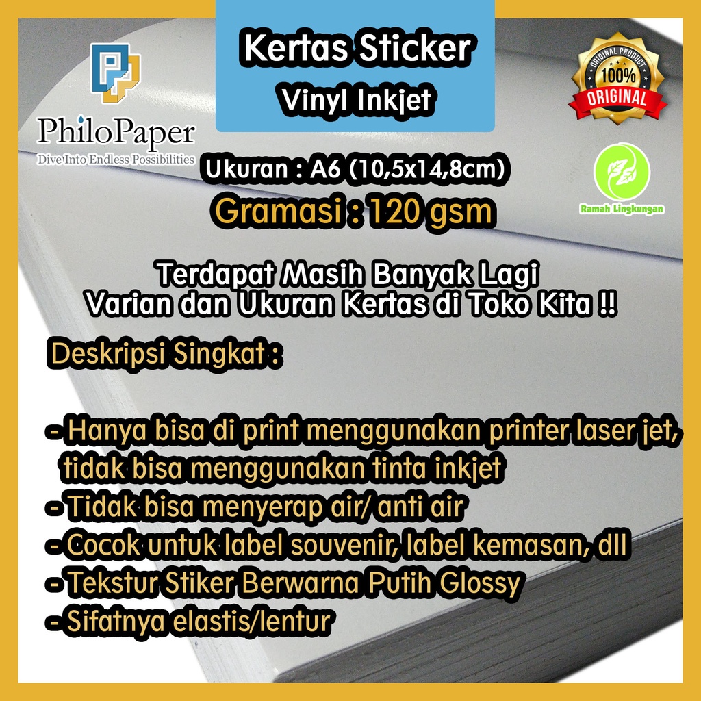 

Kertas Sticker Vinyl Inkjet 120 Gsm A6