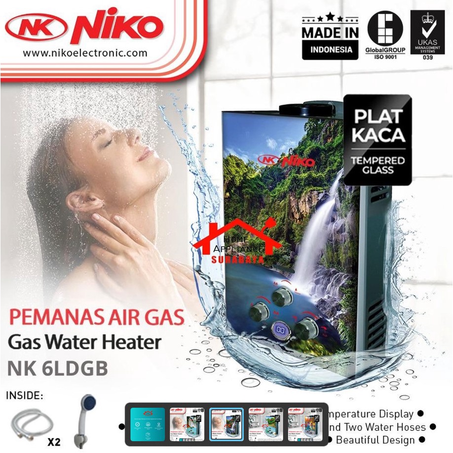 Water Heater - Pemanas Air Gas NIKO Body Kaca / Tempered Glass + Temperature LED Display Kapasitas 6 Liter NK 6 LDG A / B / C / D