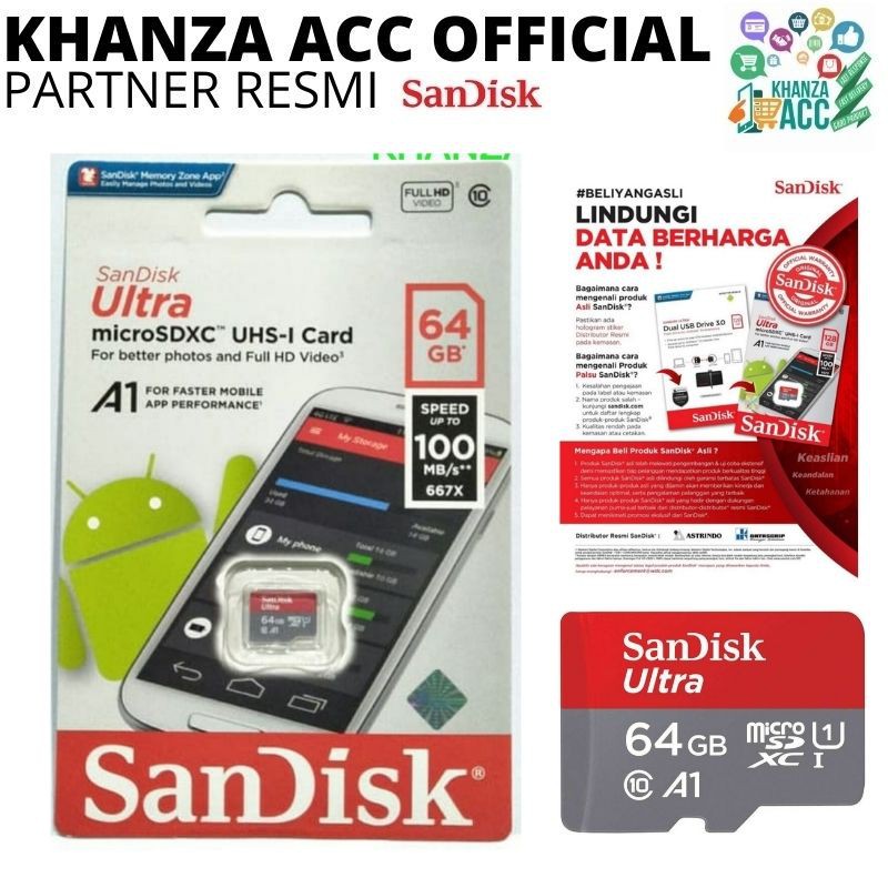 KHANZAACC Memory Card SanDisk Ultra MicroSD 64GB A1 100MB/s Kartu Memori Hp