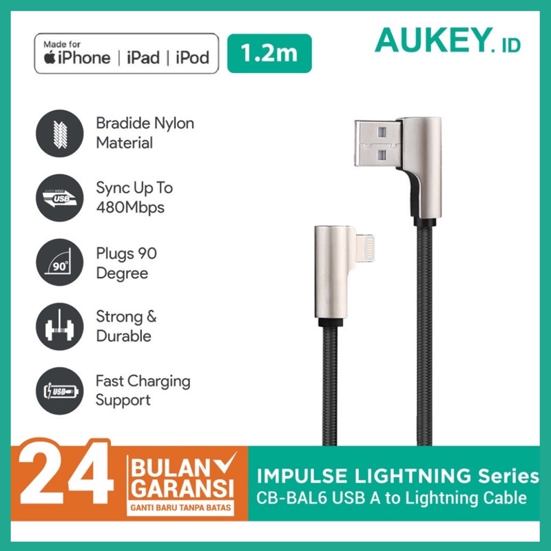 Aukey Kabel Charger Usb to Lightning Cable CB-BAL6 90° Degree MFi Certified 1.2m Braided Nylon - 500