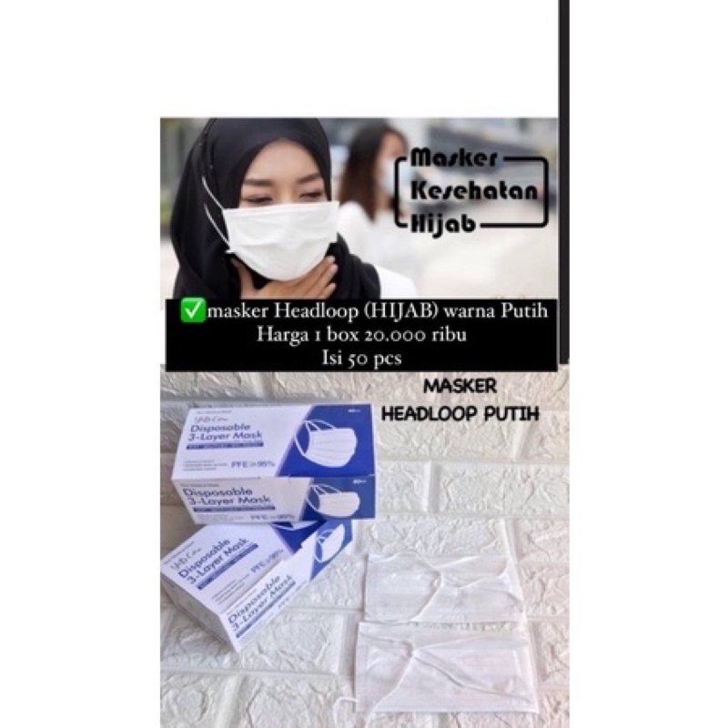 MASKER HIJAB Putih 3 PLY face mask isi 50pcs
