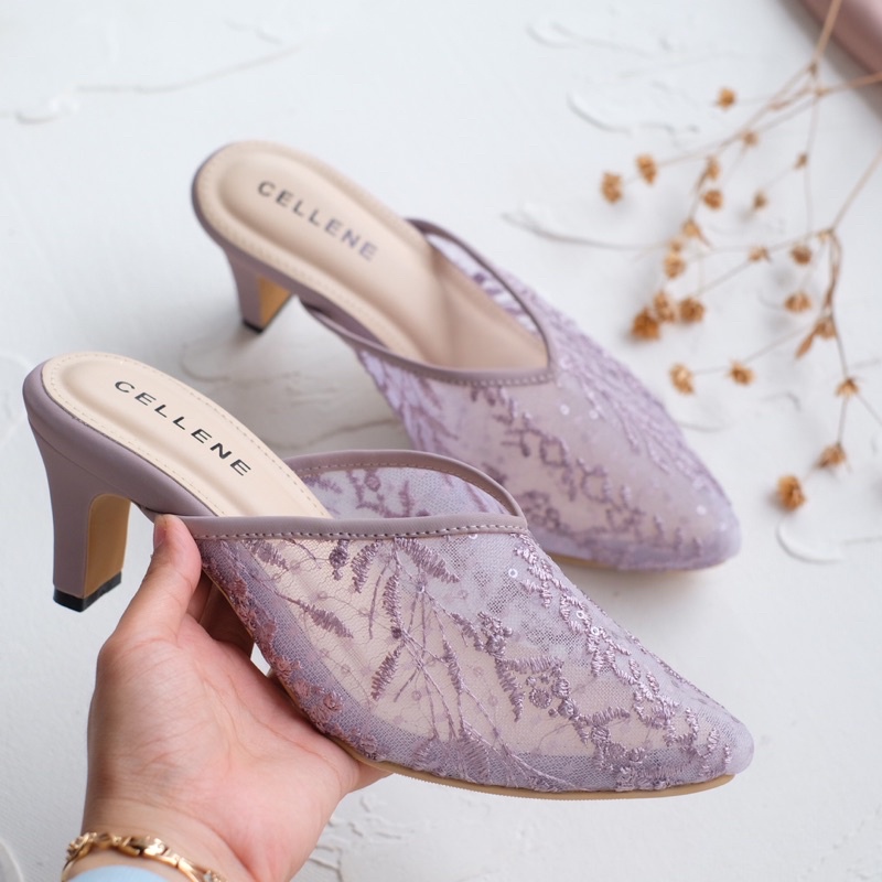 𝗖𝗘𝗟𝗟𝗘𝗡𝗘 JiA Lace Heels (6warna) / wedding shoes 7cm selop brukat