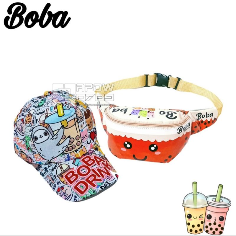 BISA COD [NSTORE15] WAISBAG ANAK PEREMPUAN BOBA + TOPI ANAK PRINTING MOTIF BOBA