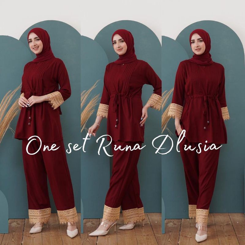 One Set Runna Setelan Wanita Rayon Premium Jumbo Renda Baju Wanita Set Celana Panjang Renda Kekinian LD 110 cm