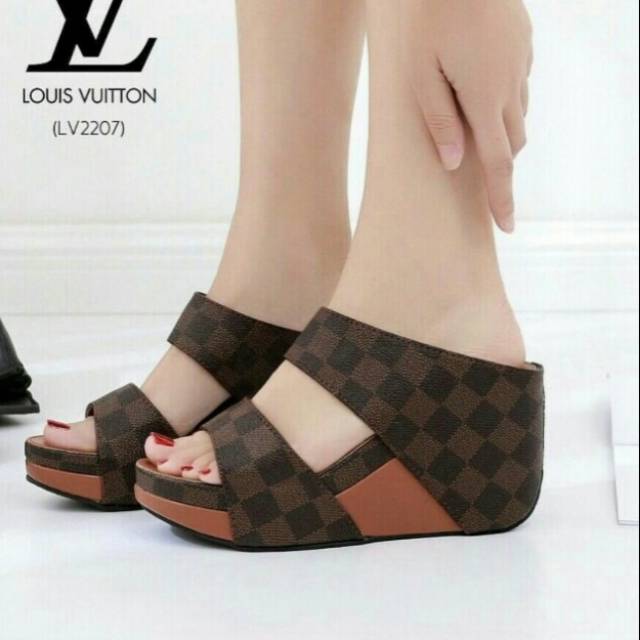 Sandal Wedges slop DV126 COKLAT DAMIER kotak - kotak