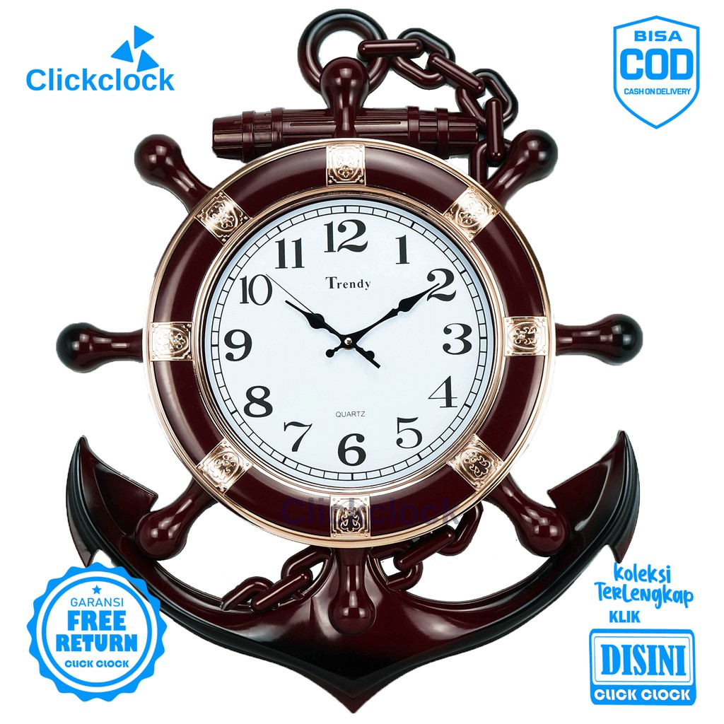 Jam Dinding Quartz Jangkar Kemudi Kapal Jangkar Maroon Trendy 7595 Besar Hiasan Dinding Murah