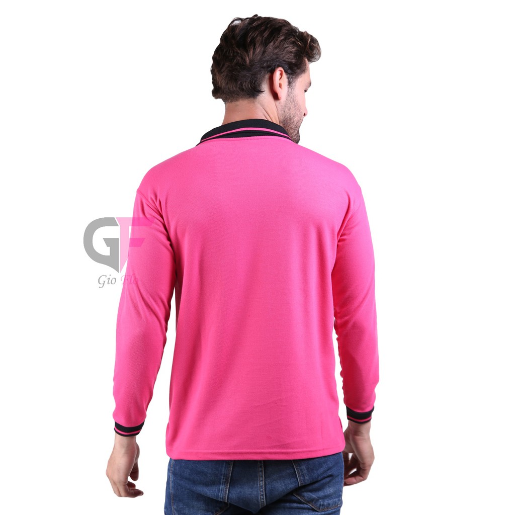GIOFLO Kaos Panjang Polo Shirt Pria Dewasa Pink Fanta Kerah Hitam / PLS 57