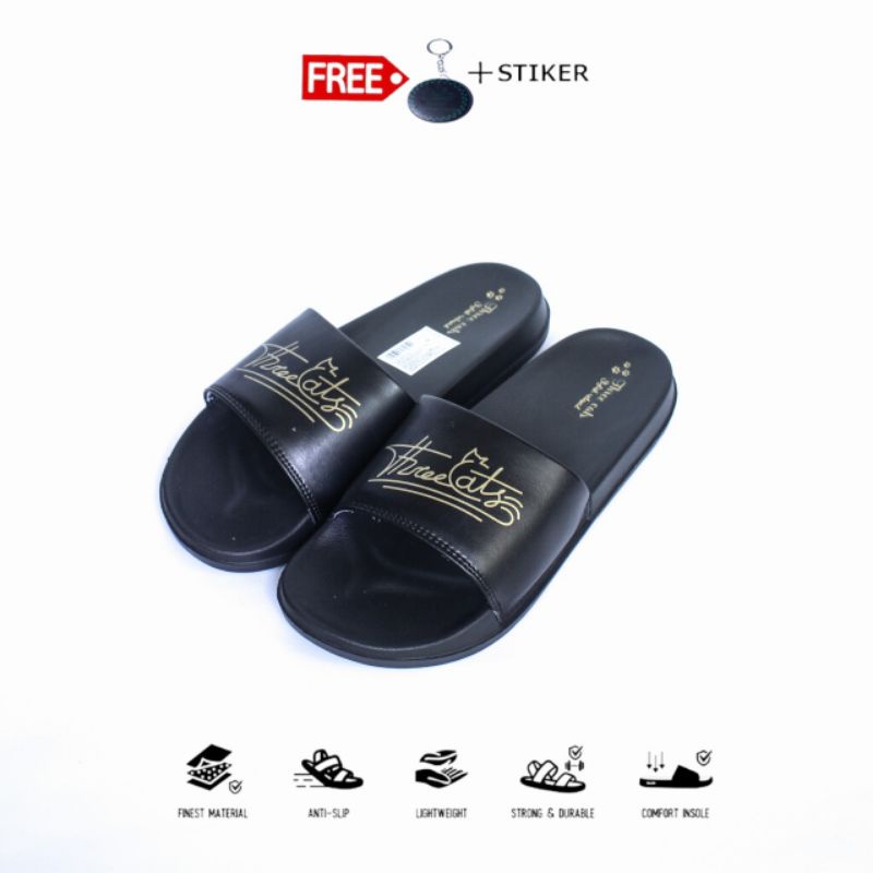 THREE CATS BLACK GOLD/SANDAL/SANDAL SLOP/SANDAL SLOP WANITA/SANDAL SLOP PRIA/SANDAL WANITA/SANDAL PR