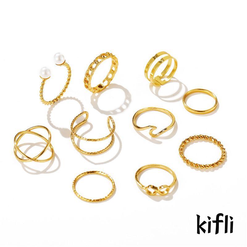 10pcs / Set Cincin Geometris Manik-Manik Mutiara Ganda Gelombang Untuk Wanita