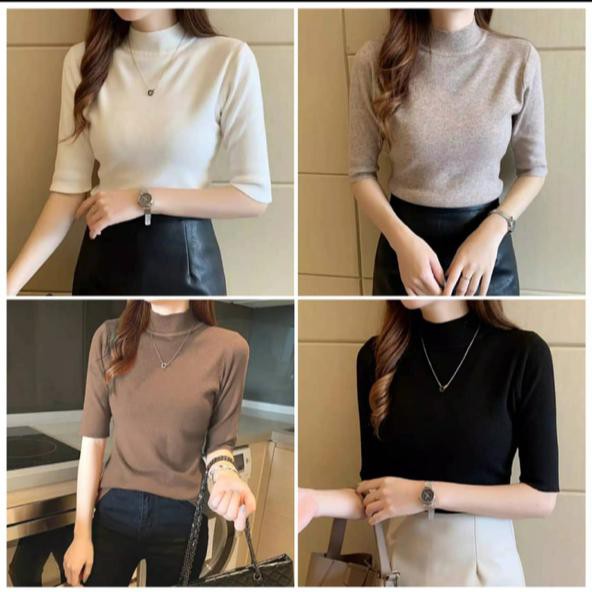 HOPYLOVY Blouse Rajut Turtleneck Wanita Lengan 3 per 4 Rafika