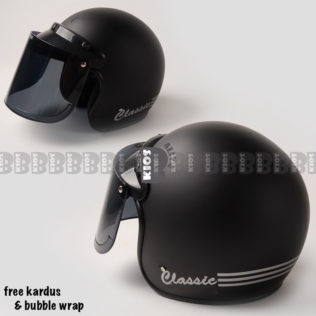 Helm bogo classic garis tiga kaca datar flat sni pria wanita dewasa murah polos kaca helm classik FREE KARDUS &amp; BUBBLE WRAP