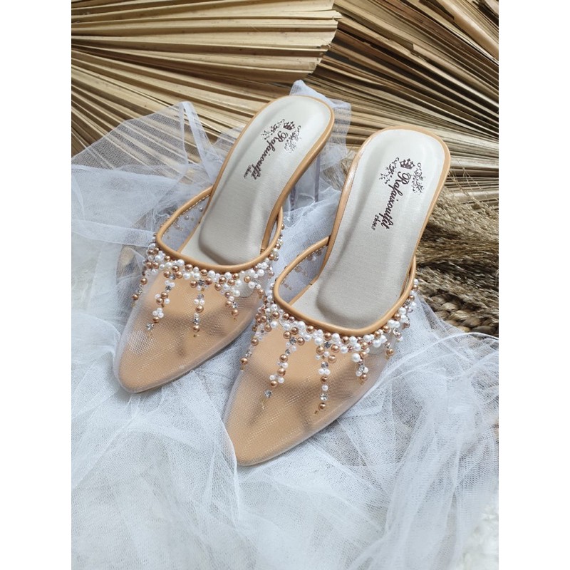 sepatu Camela sexy jaring mutiara tinggi 7cm kaca