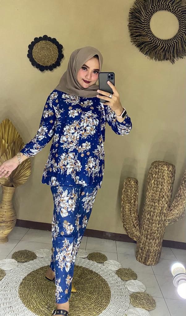 Bunga One Set Wanita Rayon Premium Setelan Wanita Batik Lengan 7/8 Set Celana Kekinian LD 110 cm