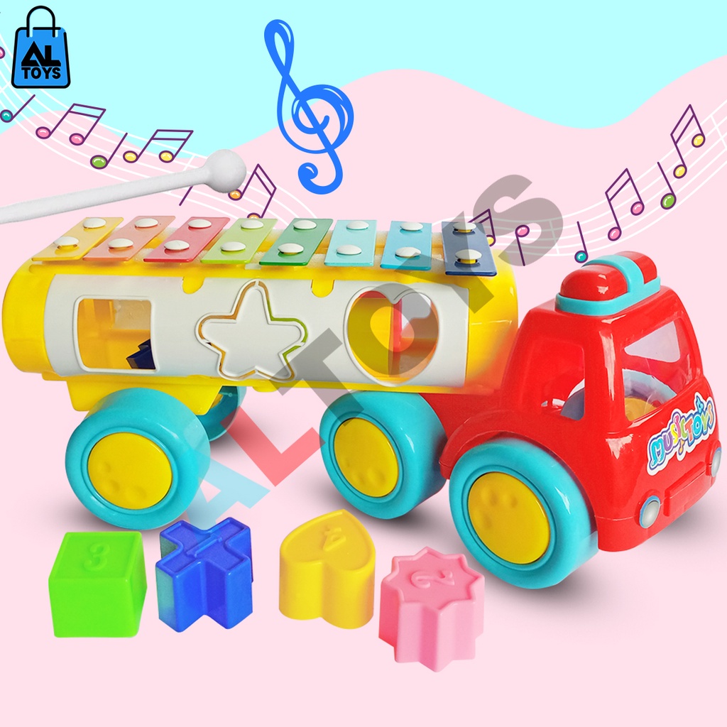 Mainan Edukasi Anak Alat Musik Tangga Nada Xylophone Gambang / Menggenal Bentuk Shape Model Mobil Truck AU01