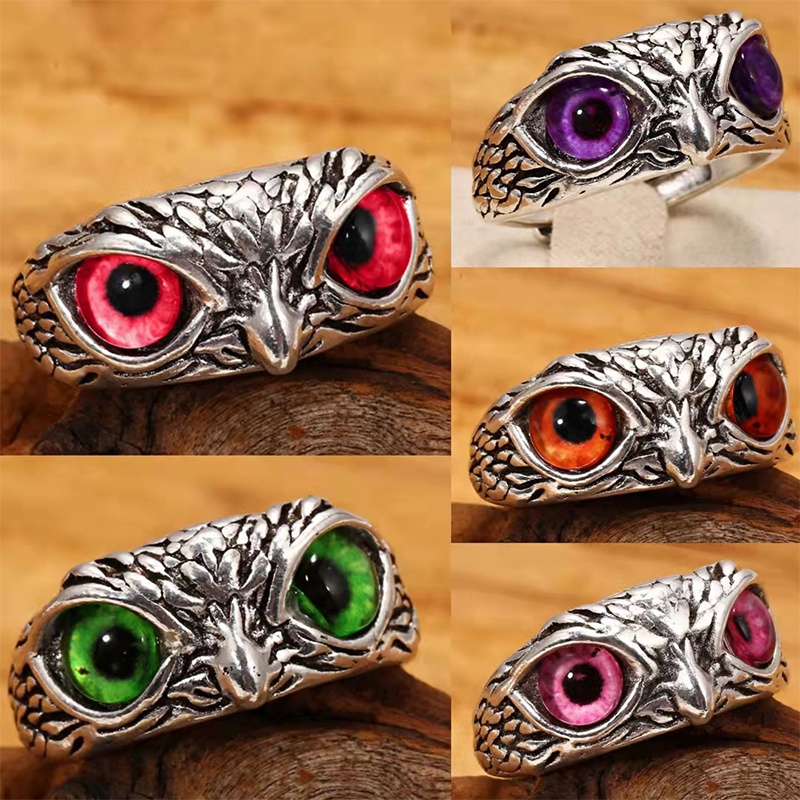 Vintage Style Burung Hantu Kristal Cincin Perak Hewan Pria Wanita Perhiasan Fashion Punk Crystal Rings