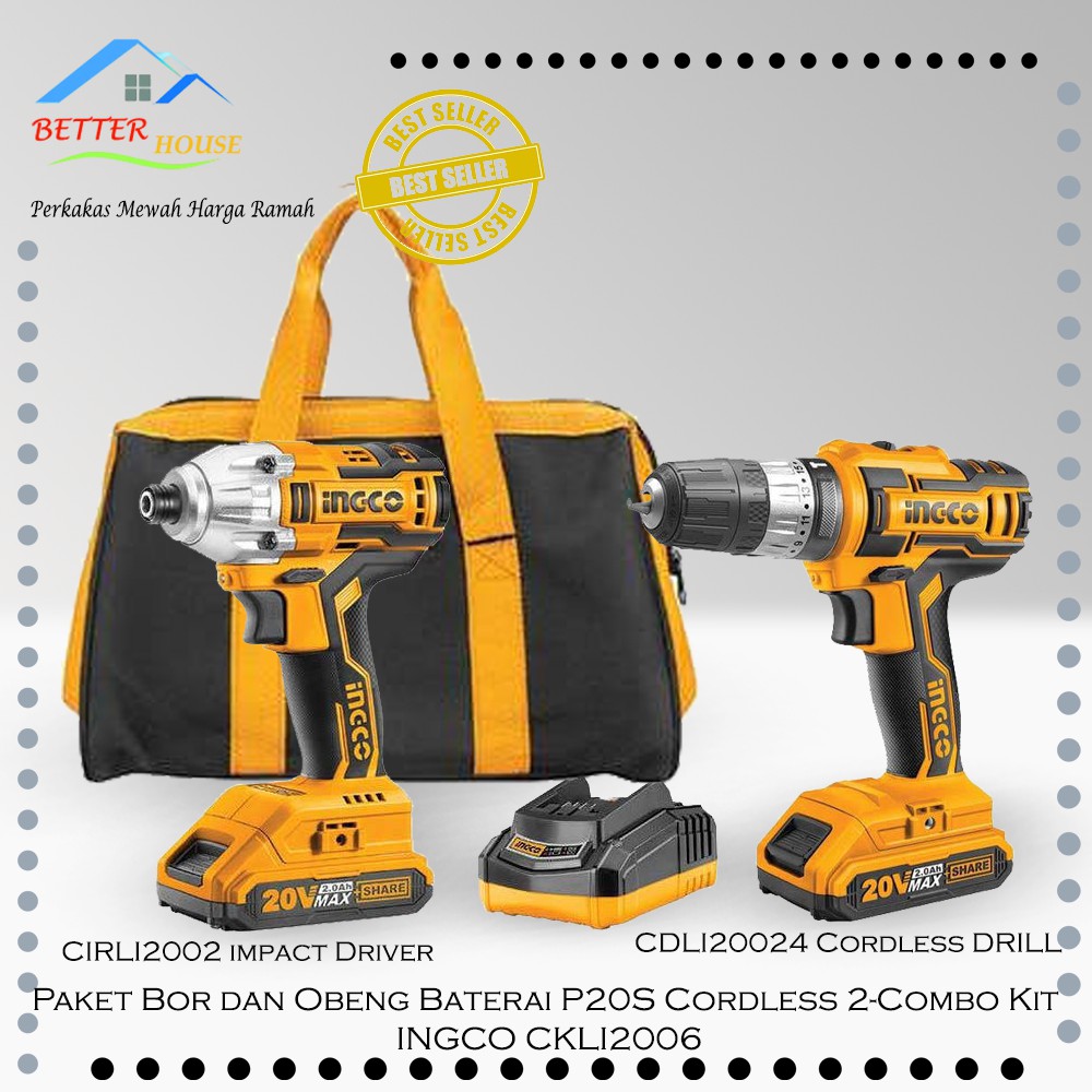 Mesin Bor Cordless 20V INGCO Dan Impact Driver Cordless 20V INGCO 2-Combo Kit INGCO CKLI2006