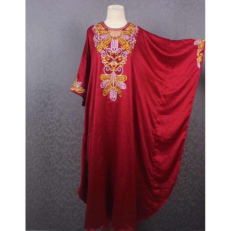 Dress Kaftan Wanita terbaru Bordir Bahan Satin PREMIUM Murah Warna Hitam Merah Pink Cantik untuk kaftan Lebaran Pesta Kondangan mewah