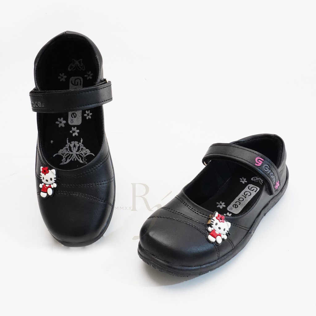 GRACE [HANA 02] 26-35 Sepatu Sekolah Anak Cewek Perempuan Hitam Polos/ Sepatu Flat Polos Tali Perekat