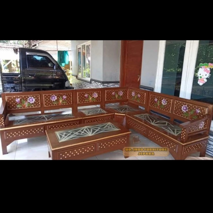 Kursi ruang tamu bahan kayu jati model sudut siku ruang tamu
