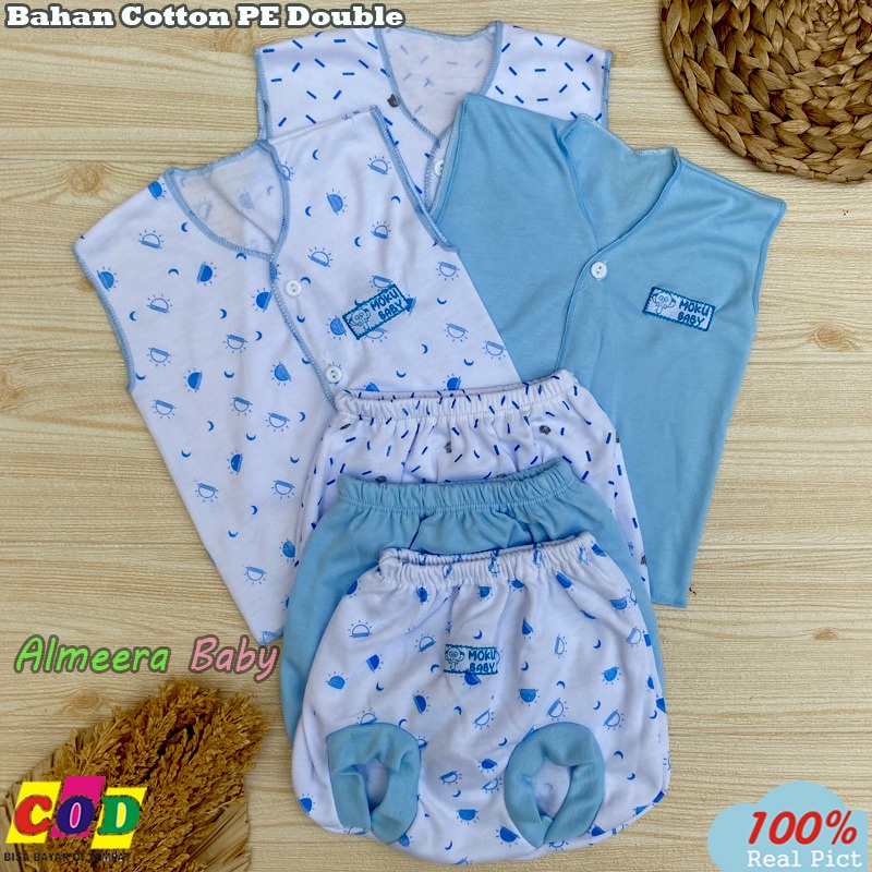 Isi 6 PCS Baju Celana Bayi Setelan Bayi Lengan Kutung Celana POP Usia 0-3 Bulan Seri Biru Almeera Baby and Kids