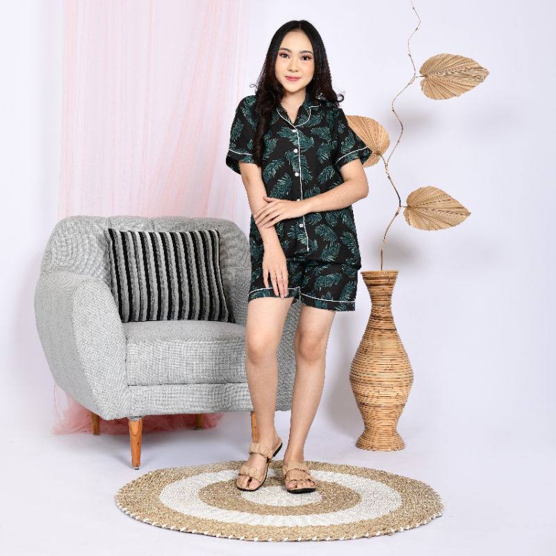 Baju Tidur Piyama Wanita/Cewek Pajamas Dewasa Katun Motif Coco Daun Lengan Pendek Kekinian