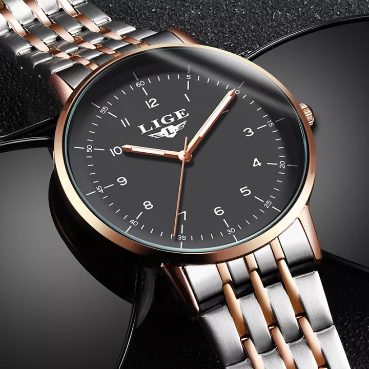 LIGE Jam Tangan Pria Fashion Baru Tahan Air Bercahaya Stainless Steel Analog Quartz Jam Tangan Pria