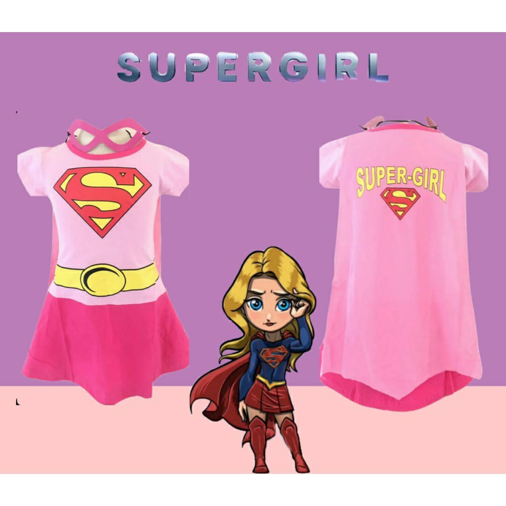 DRESS SUPERGIRL + SAYAP + TOPENG BAHAN HALUS - KOSTUM SUPERGIRL ANAK PEREMPUAN - SHBG