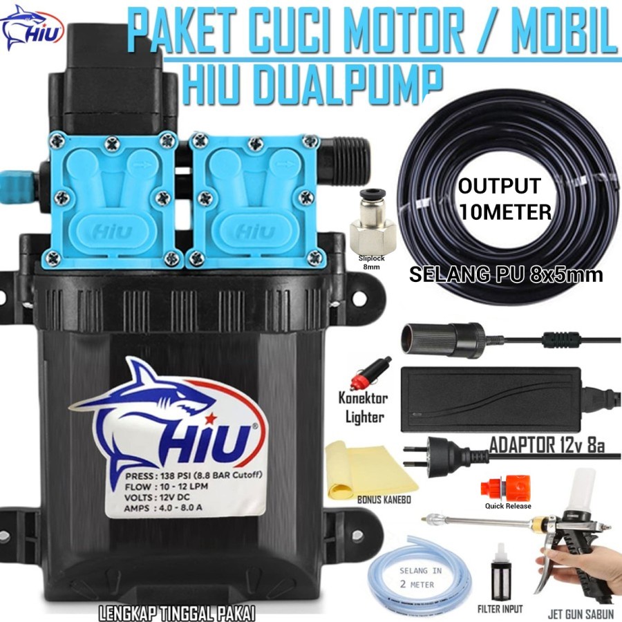 Paket mini steam Cuci motof/mobil Hiu Dualpump Blue Power Selang PU 8mm 10M - Jet Metal