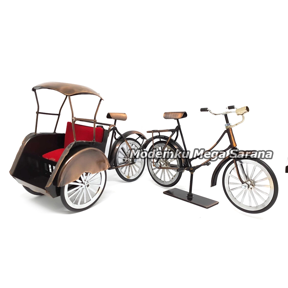 Paket isi 2 - Miniatur Becak &amp; Sepeda Ontel Logam Kawat