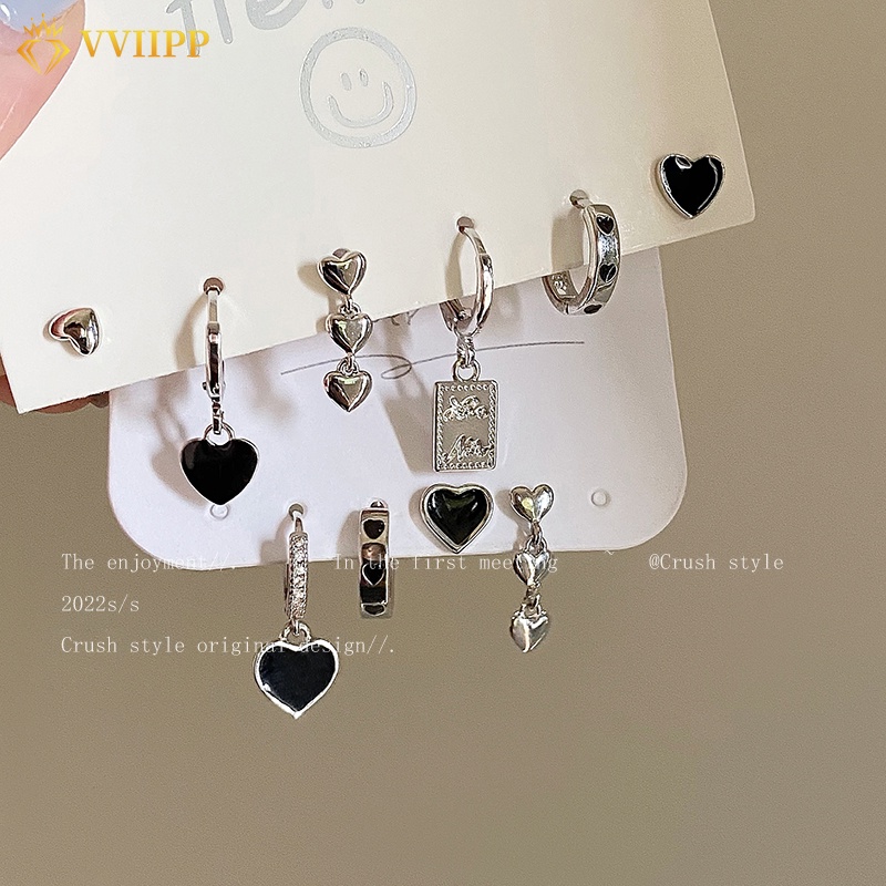 Set Anting Tusuk + Kalung Rantai Liontin Hati + Cherry Warna Silver Hias Kristal Untuk Wanita