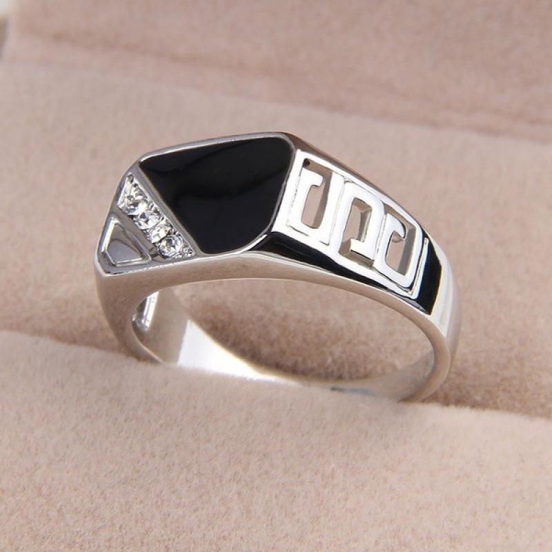 Cincin Enamel Warna Hitam Silver Gaya Kasual Klasik Untuk Pria