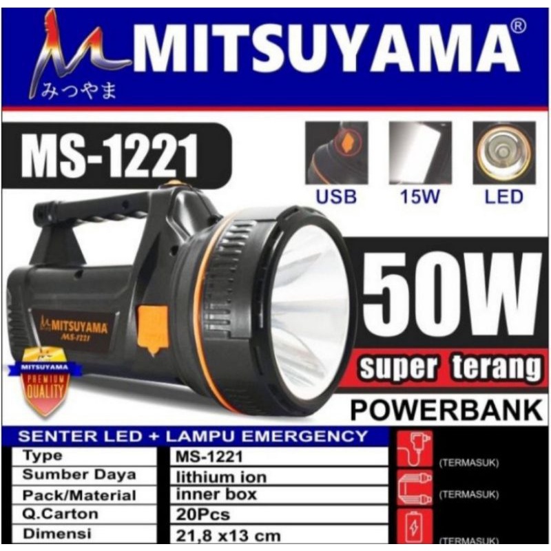 Senter LED 50W super terang + Lampu Emergency + Powerbank MS-1221