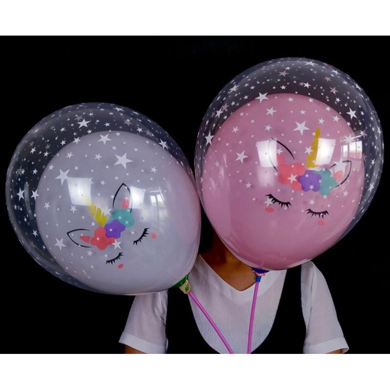 BALON LATEX DOUBLE BINTANG TRANSPARAN + BALON LATEX UNICORN 12 INCH ECER / BALON DOUBLE TRANSPARAN U