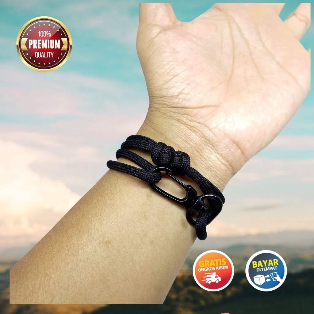 Gelang Pria Tangan Hitam Keren Cowok Paracord Laki Laki Prusik Kewkew Premium Murah