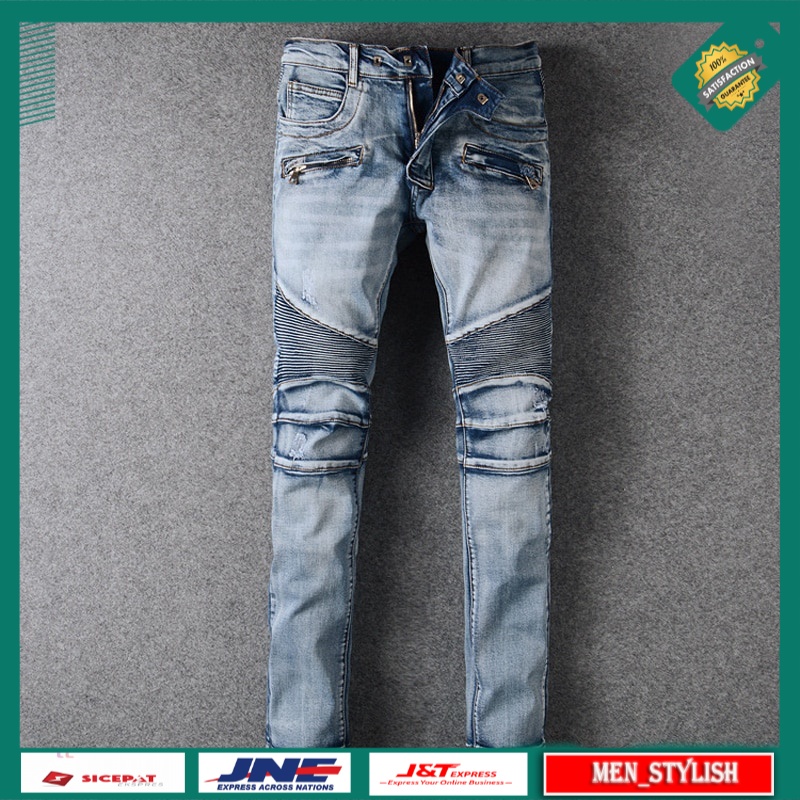Celana Jeans Panjang Pria Fashion Streetwear  Blue Color White Washed Spliced Designer Biker Jeans M