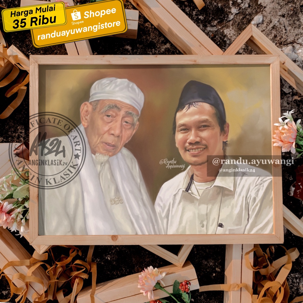 Lukisan Gus Baha’ dan Mbah Maimun Zubair di Papan MDF ukuran + Pigura Kayu (30x40 cm dan 20x30 cm) P