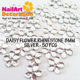 DEKORASI SLIME / NAIL ART 50 DAISY FLOWER RHINESTONE SILVER (8MM)