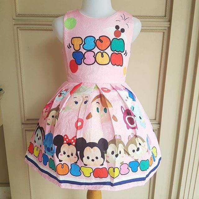 GA2575 TSUM TSUM DRESS PINK GAUN ULANG TAHUN MINNIE DISNEY LUCU FROZEN MICKEY PUTIH KOREA imlek